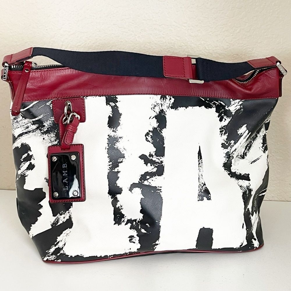Rare L.A.M.B. Huntley hobo bag by Gwen Stefani, black, white graffiti red trim